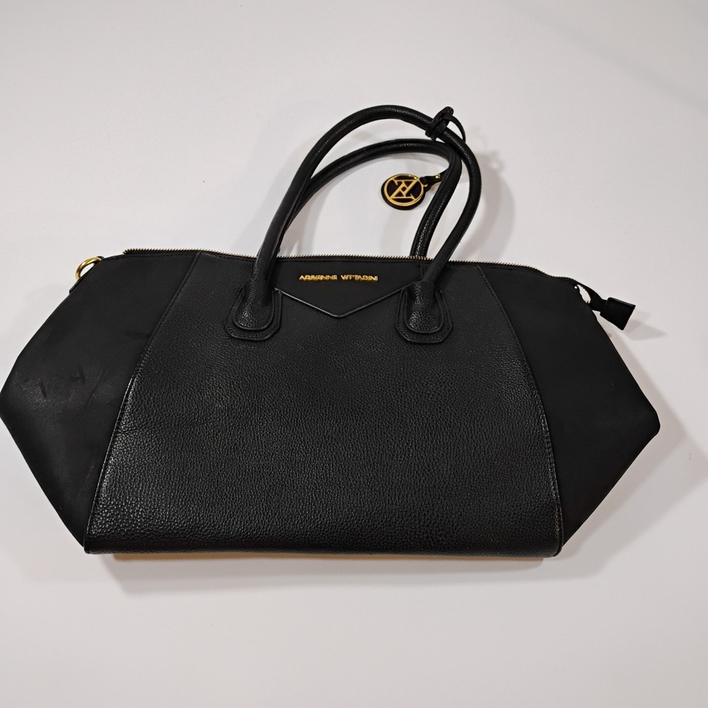 Adrienne Vittadini Black Leather Satchel Bag Purse with Charm No Shoulder Strap